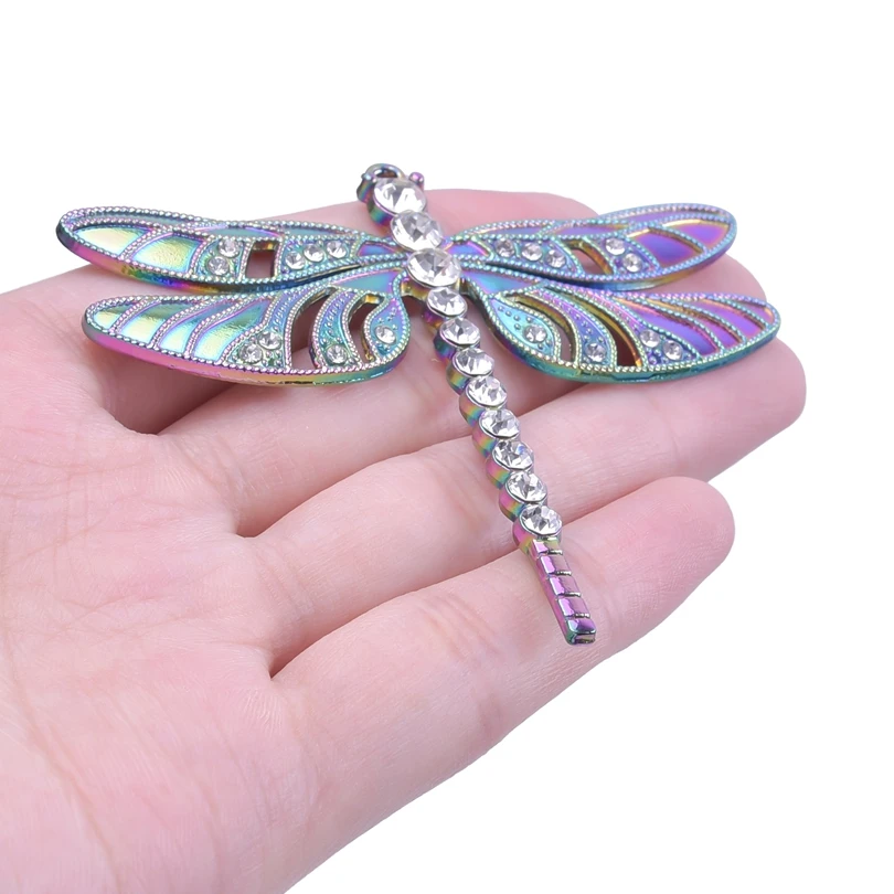 Fashion Large Dragonfly Wings Rhinestone Rainbow Charms Necklace for Women  Collar Alloy Pendant Stainless Steel Chains Jewelry