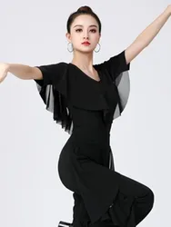 Solid Color Ballroom Waltz Tops Dance Stadium Modern Dance Dancewear Latin Women Short Sleeves Standard Clothes for Girls Jazz