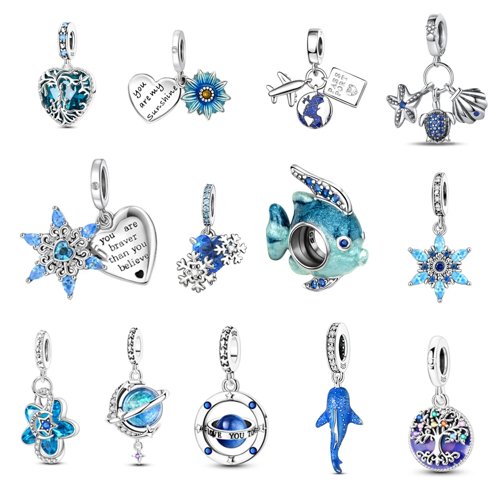 

925 Sterling Silver Blue Ocean Heart Dangle Charm Fit Original Bracelet Marine Love Bead Pendant For Summer Beach Jewelry Gift