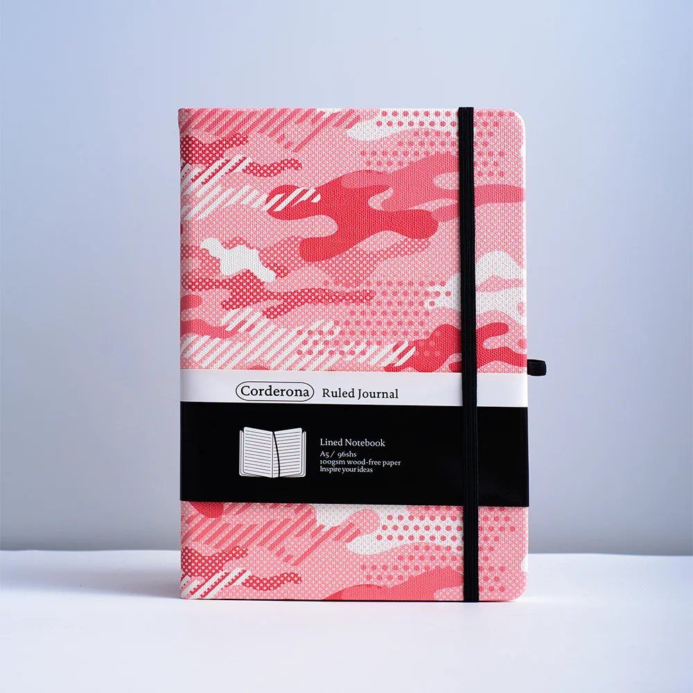 

Pink Camouflage Lined Notebook Elastic Band Pen Loop 100gsm A5 Hard Cover Ruled Journal