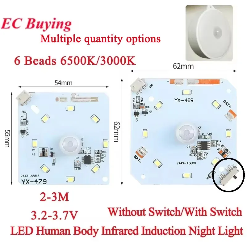 10pcs/1pc PIR Motion Sensor LED Human Body Infrared Induction Night Light Circuit Board USB Charging Recharge Night Lamp Control
