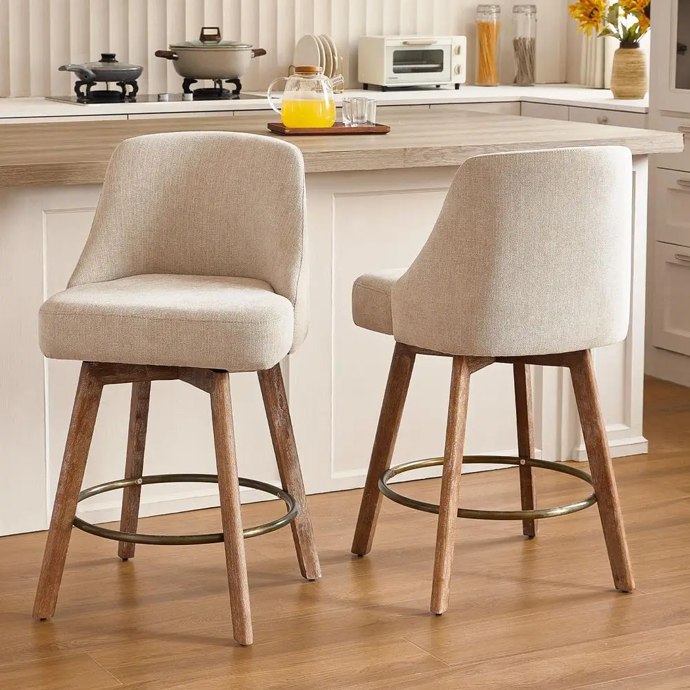 Swivel Bar Stools Set of 2 with Solid Wood Legs, 26 High, Sand Linen Fabric, 360° Rotation