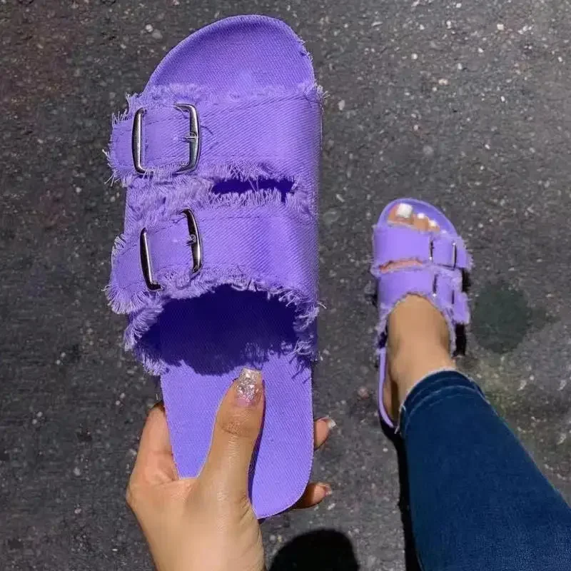 Women Denim Buckled Fringe Hem Double Strap Comfortable Sandals Woman Slip-on Beach Walk Slippers Summer Casual Sandalias