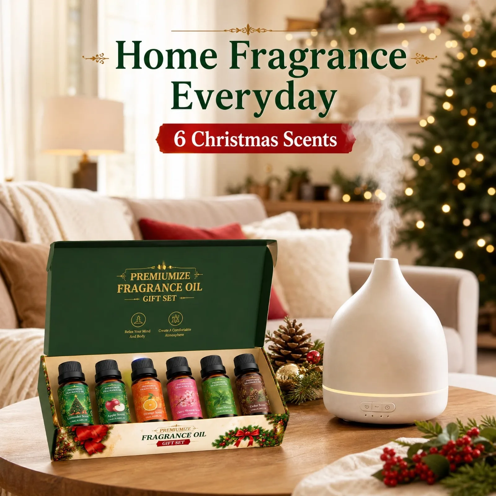 Christmas Fragrance Oil Gift Set Lavender Apple Orange Cherry Blossom for Diffuser Humidifier Home Bedroom Office Scented Gift