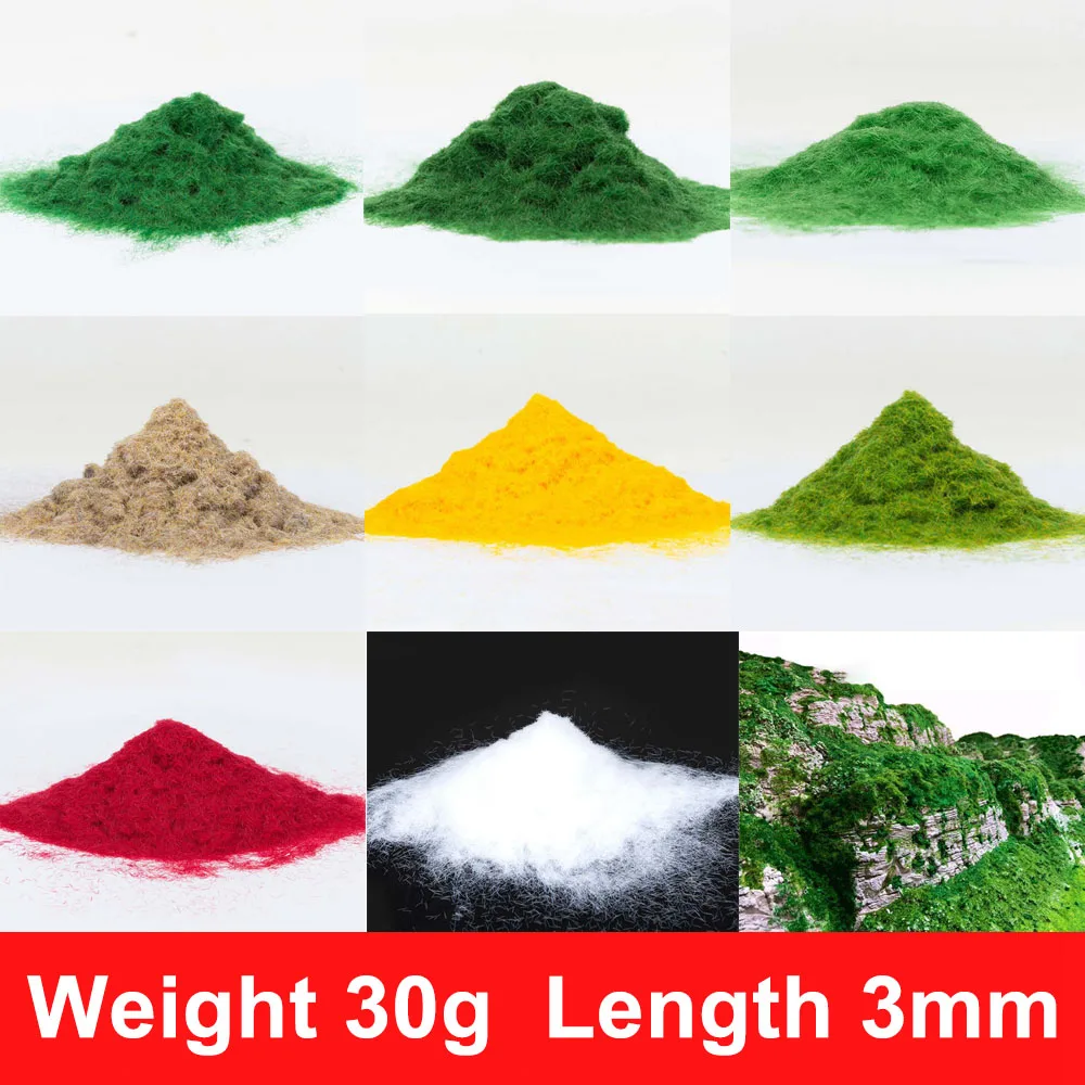 30 กรัม/ถุงฉากขนาดเล็กรุ่น Materia สนามหญ้า Flock สนามหญ้าไนลอนหญ้าผง 3MM Static หญ้า DIY การสร้างแบบจําลอง Hobby Craft อุปกรณ์เสริม