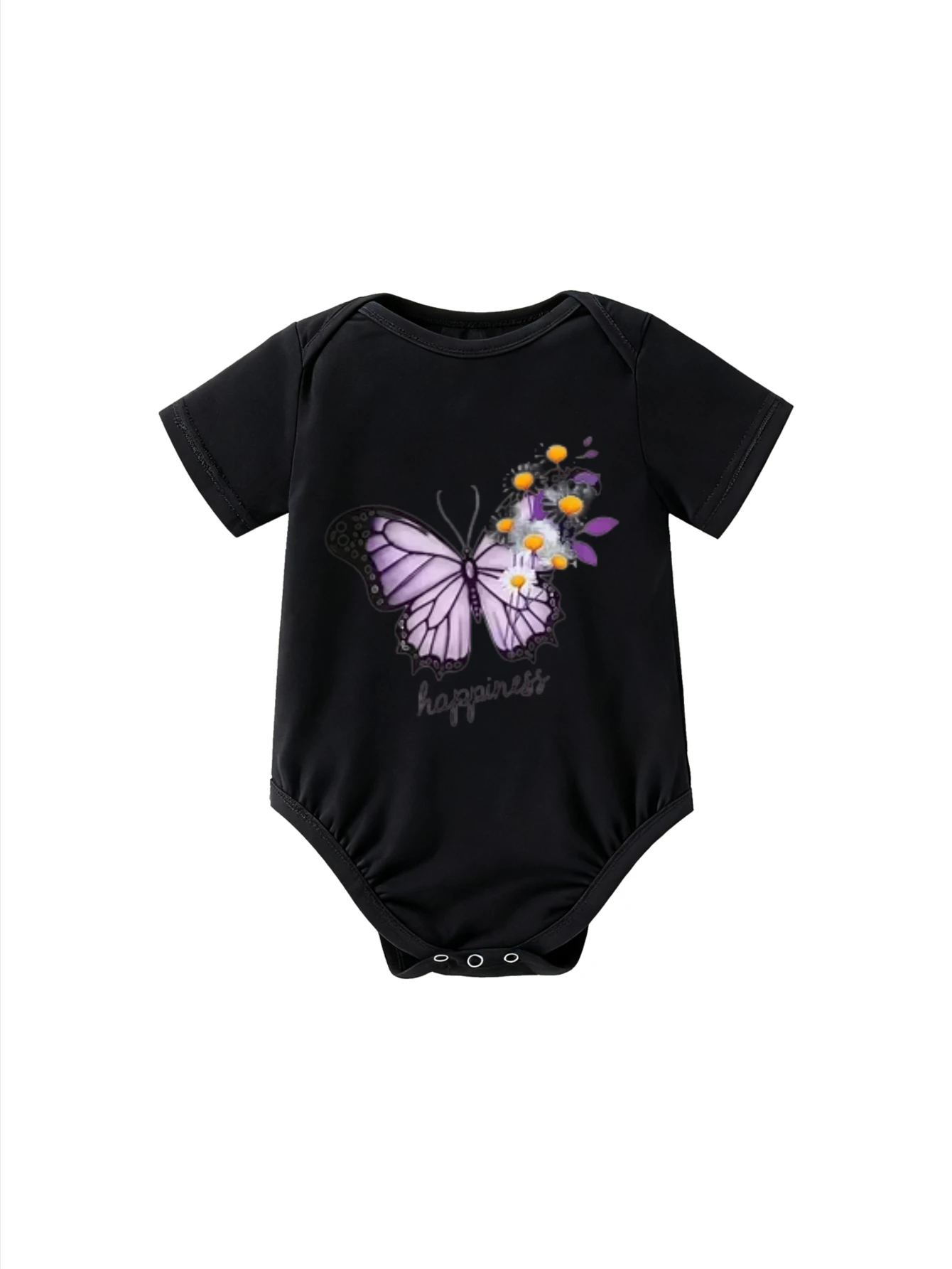 

Children's Bodysuit Round Neck Purple Butterfly with Flower Pattern and Happiness Text Unisex For Boys Girls Perfect For Daily