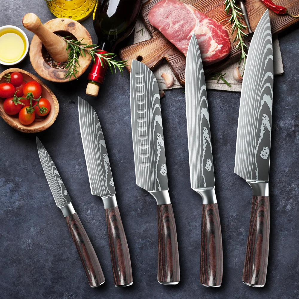 5/8pcs/10pcs Kitchen Knives Japanese Stainless Steel Chef Knife Damascus Laser Pattern Slicing Santoku Kitchen Knife Set