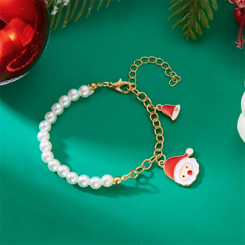 Cute Christmas Snowflake Santa Pendant Pearl Bracelet for Women's Beads Chain Bangle Jewelry Xmas Snowman New Year Enamel Gifts