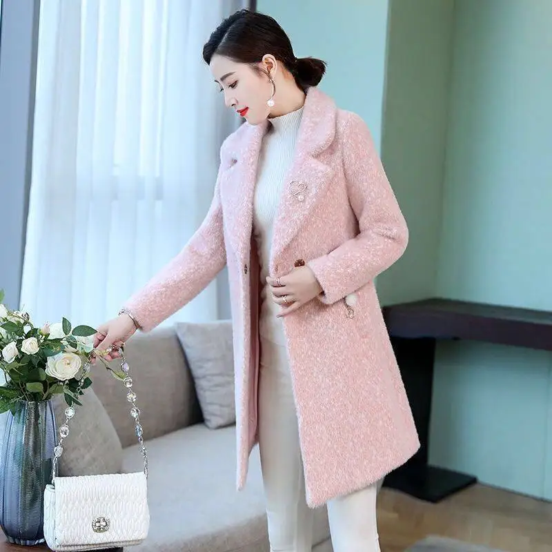 New Faux Leather Coat for Women\'s Autumn and Winter Wear, New Mid Length Woolen Coat, Faux Mink Velvet, Golden Mink Fur Coat