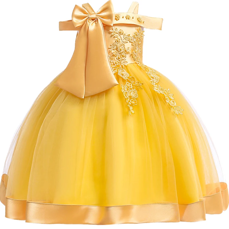 3-10 Years Kids Christmas Party Dresses For Girls Appliques Flower Elegant Wedding Dress With Bow Children Birthday Prom Gown