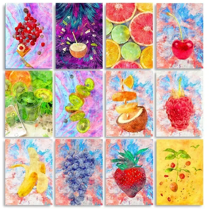 Nordic Fruit Poster Watercolor Coconut Strawberry Cherry Grape Wall Art Canvas Painting Prints Picture Kitchen Office Home Decor