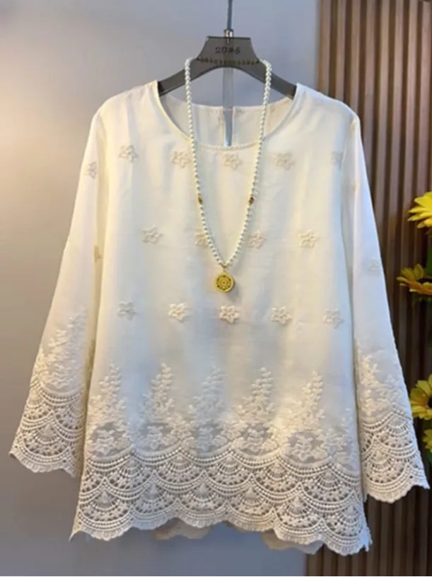 

Ele round Ne Bell Sve irt Embroidered Hollow out Heavy Embroidery Nine Points Sve Large Size Women's Casual irt