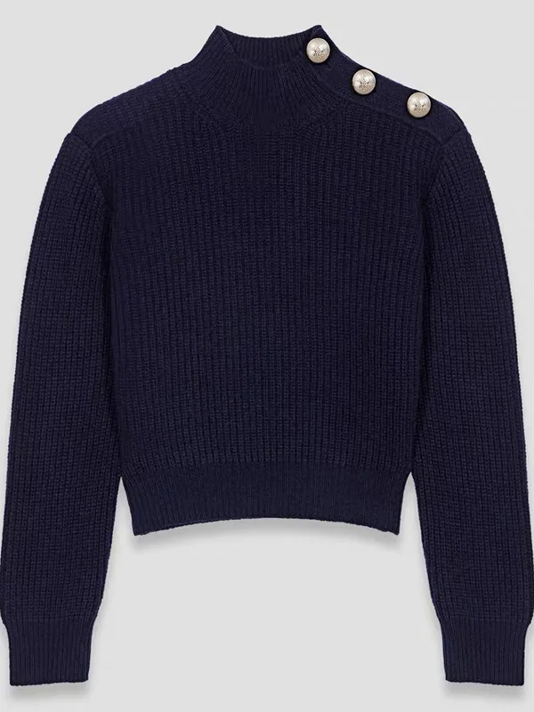 

M Home 2025 Autumn Design Shoulder Metal Buckle Short Waist Inward Knitted Sweater Women's Wool Blend Long Sleeve Crop Top