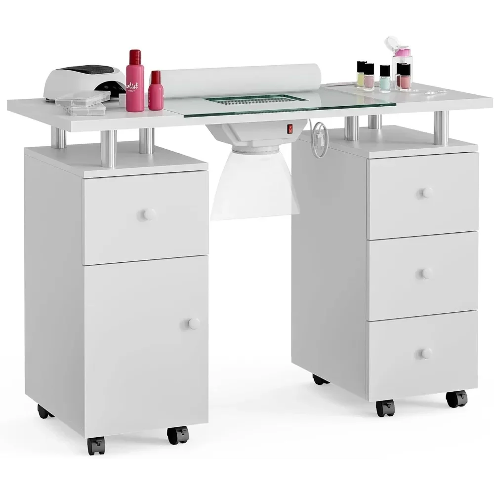 Nail Table Station for Nail Tech w/Electric Downdraft Vent, Wrist Cushion, Lockable Wheels, Storage Drawers, Wooden Handles