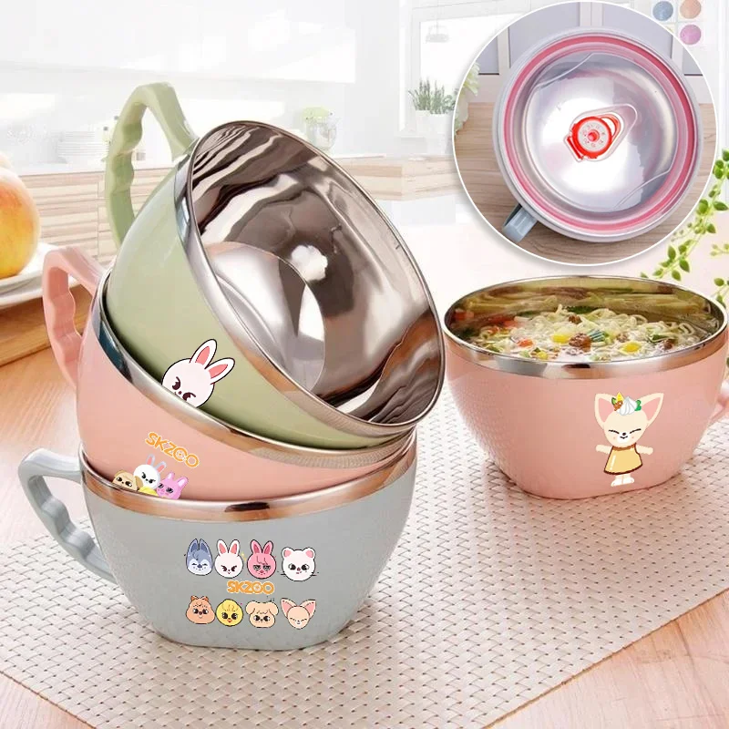 

Чаша Skzoo из нержавеющей стали, герметичная портативная сливная чаша для лапши быстрого приготовления, крышка, кухонная утварь, ручной горшок для хранения еды для фанатов