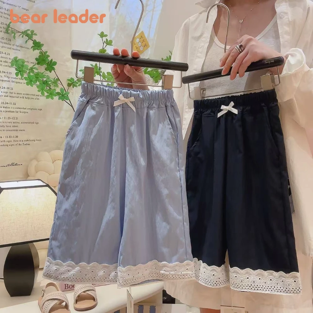 Bear Leader Summer New Korean Version Girls' Casual Pants Bow Lace Splicing Wide Leg Pants for Daily Children's Casual Wear