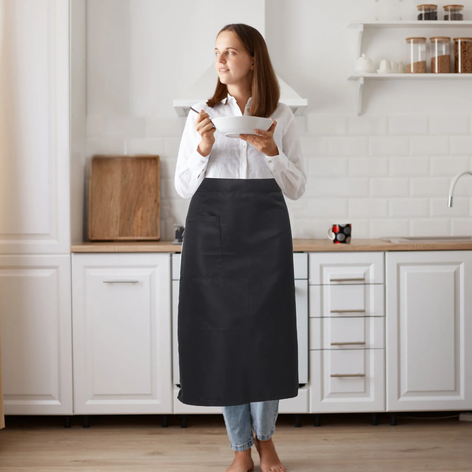 

Kitchen Apron Cooking Waist Pockets Vintage European Style Waitresses Waiters Adjustable Fit Polyester Cotton Blend