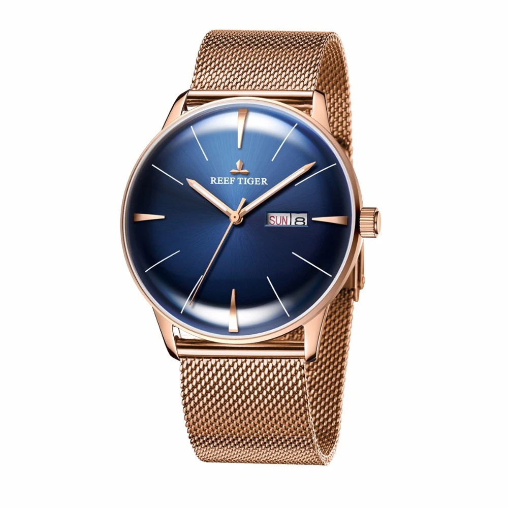 Reef Tiger Men Automatic Watch 44mm Mechanical Wristwatch 50M Waterproof Luminous Bubble Sapphire Dual Calendar RGA8238