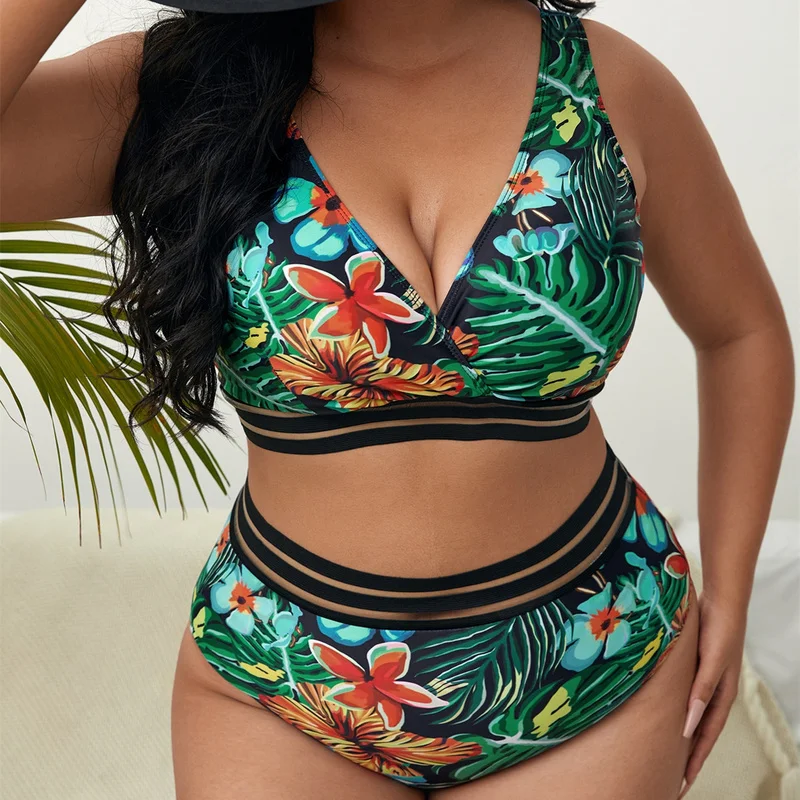 Plus Size Swimsuit Leaves Printed High Waist Two Pieces Bikini Set Swimsuit Female Women Beachwear Swimwear Bather Bathing Suit