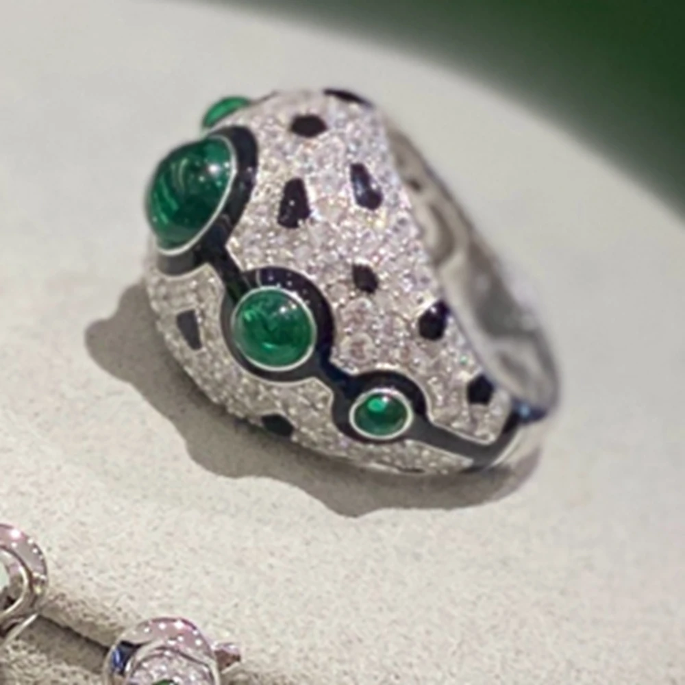 

Кольцо с зеленым камнем, черной пантерой и леопардовым принтом, серебряные кольца 925, белое золото, роскошные дизайнерские ювелирные изделия для женщин