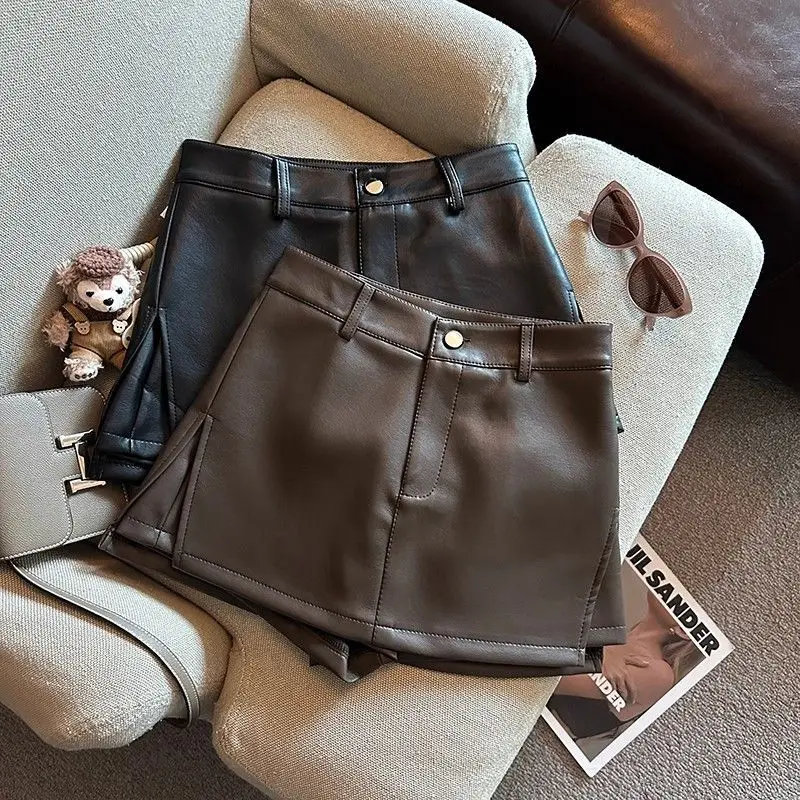 Vintage Brown PU Leather Skirts Female Sexy Hot Girls Package Hip Mini Skirt Women Autumn Winter High Waist Split Shorts Skirt