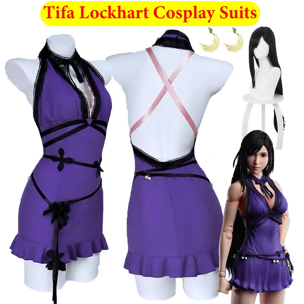 

Final Tifa Cosplay Lockhart Costume Wig Earrings Game Fantasy Roleplay Purple Dress Women Girls Clothing Carnival Halloween Suit