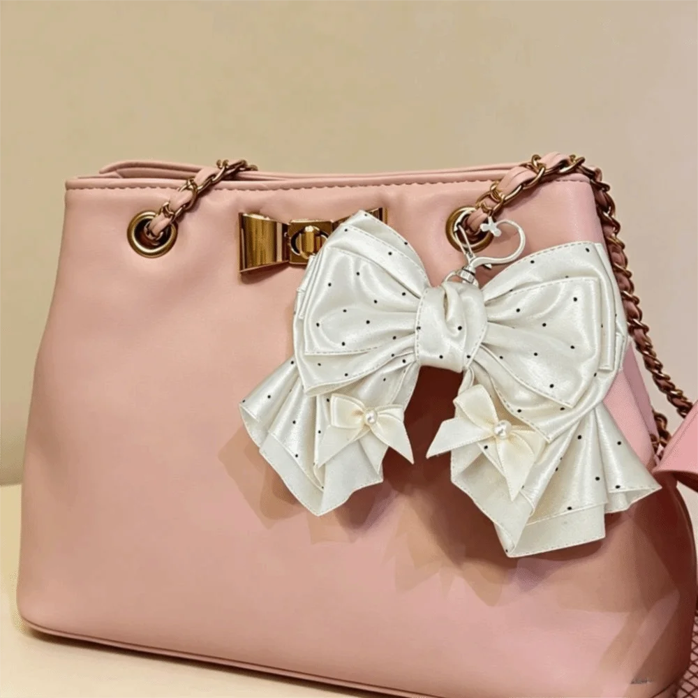 Handmade Polka Dot Bow Keychain Polka Dot Pattern Satin Ribbon Bow Bag Charm Sweet Girly Style Satin Ribbon Bag Pendant