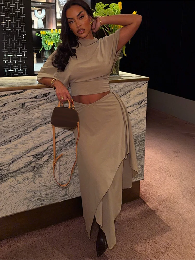 

Elegant Shirt Asymmetry Skirt Set Women Solid Short Sleeve O-neck Shirts Long High Waist Skirts 2 Piece 2026 Summer Lady Outfits