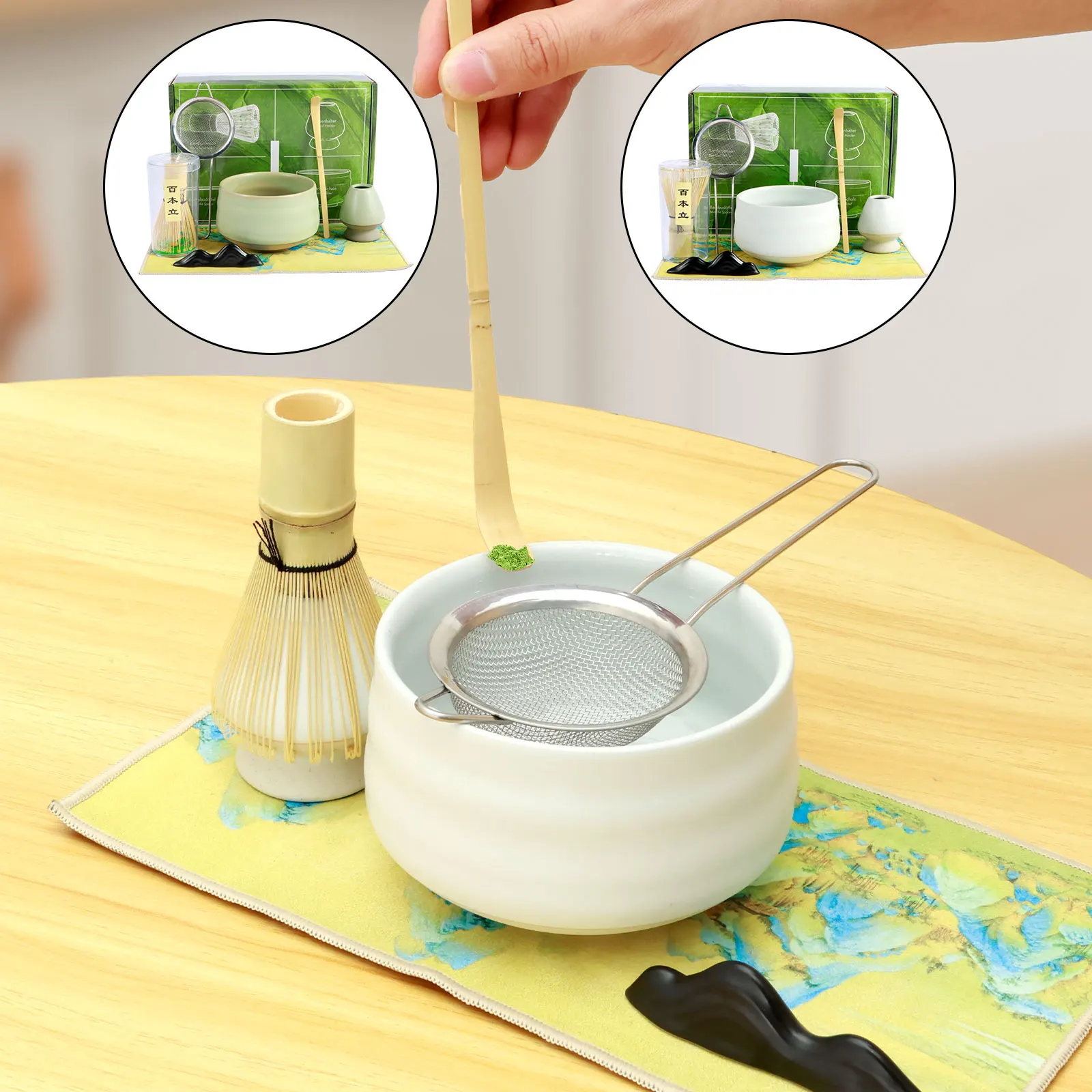 

7 Pcs Matcha Tea Set Elegant Matcha Kit Including Whisk Matcha Bowl Scoop and Whisk with Holder Sifter Towel Reusable Matcha