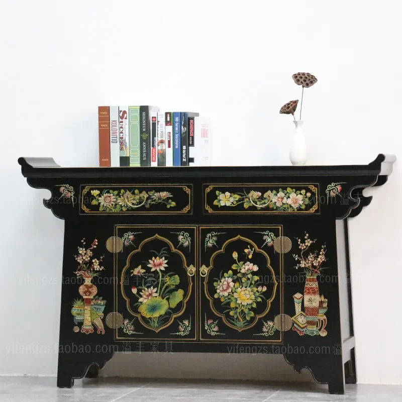 Hand Painted Retro Shoe Cabinet Antique Chinese Style Entryway Storage Furniture Living Room Dining Sideboard Decorative Old
