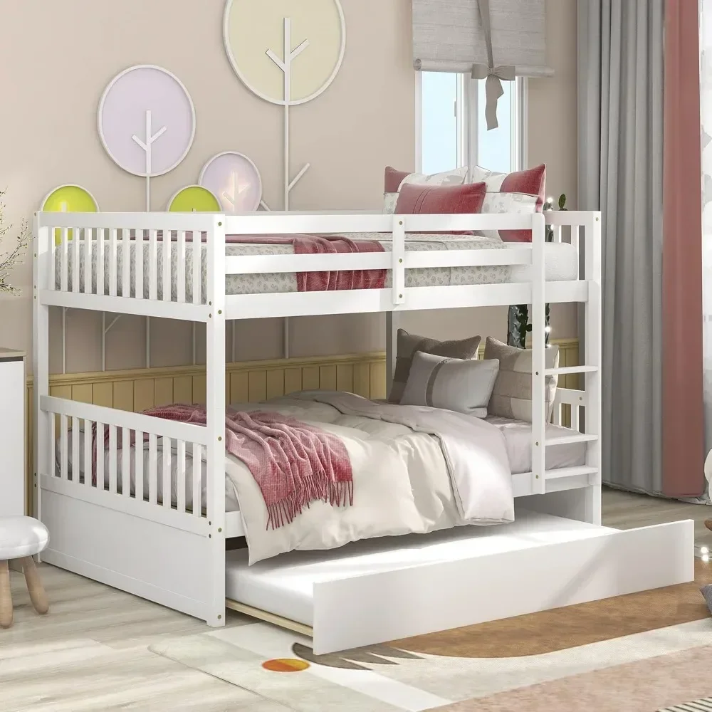 Bunk Bed, Convertible To 2 Full Size Platform Beds, with Twin Size Trundle Bed Frame and Safety Guard Rail,Solid Wood Bunk Beds