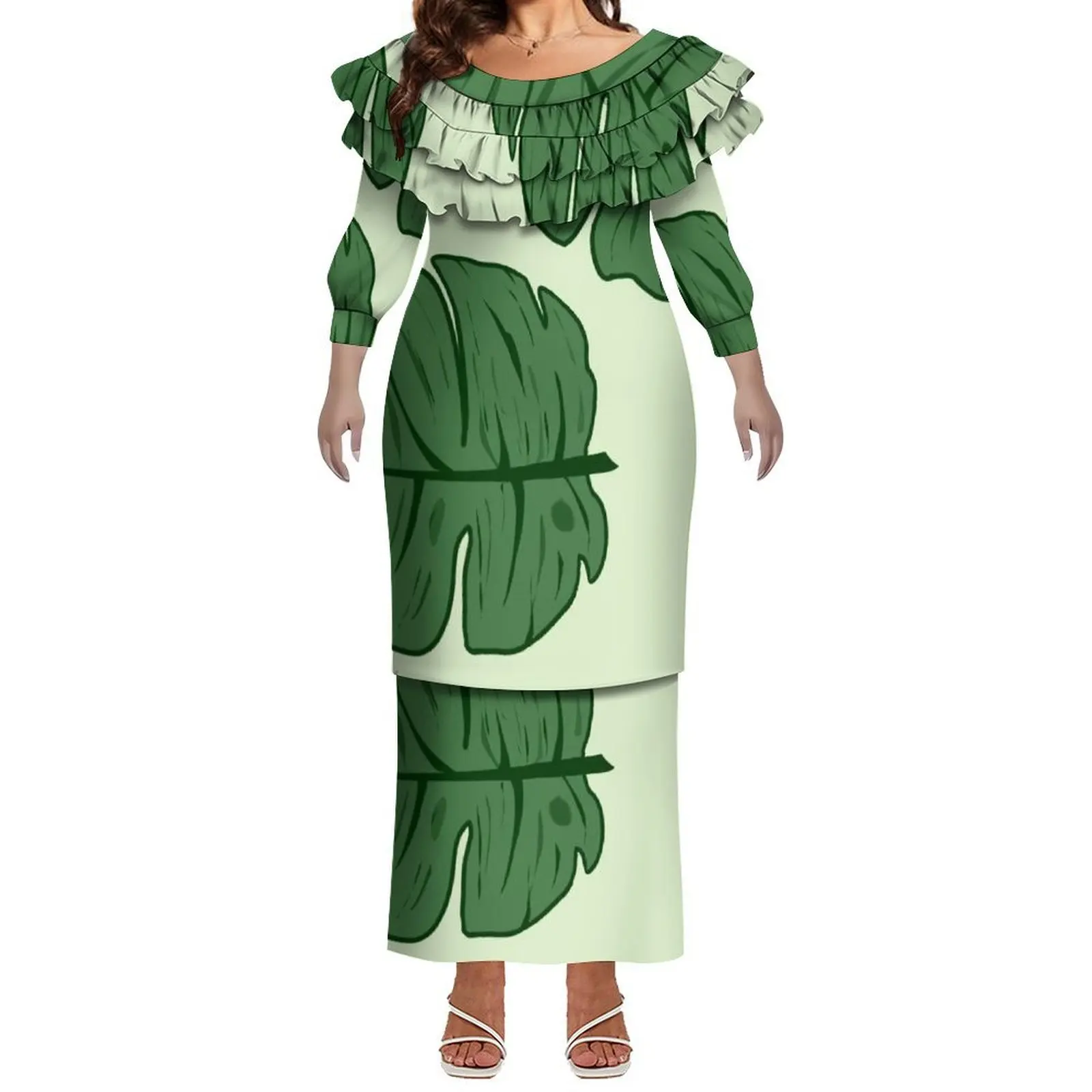 فستان بولينيزي مصنوع حسب الطلب مع نمط الكركديه وفستان بدلة بوليتاسي من الدانتيل على شكل أوراق اللوتس للنساء فستان سهرة طويل #4