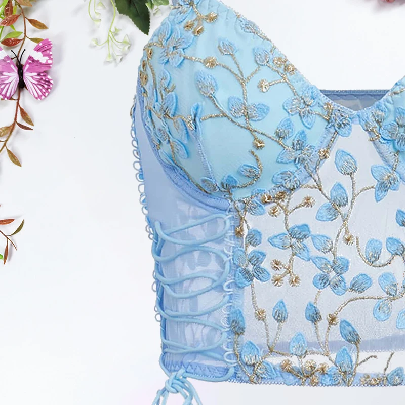 Women Blue Camisole Vest Bra Embroidery Flower Corsets Slim Fit Versatile Lady Corset Top Sexy Lace Rayon Ultra-Thin Thick Bra