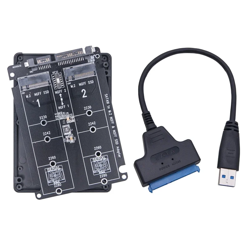 Dual M.2 to SATA 3.0 Adapter with SATA3 to USB 3.0 Cable M2 NGFF SATA Protocol SSD B Key to SATA 3.0 6Gbps Converter Board Shell