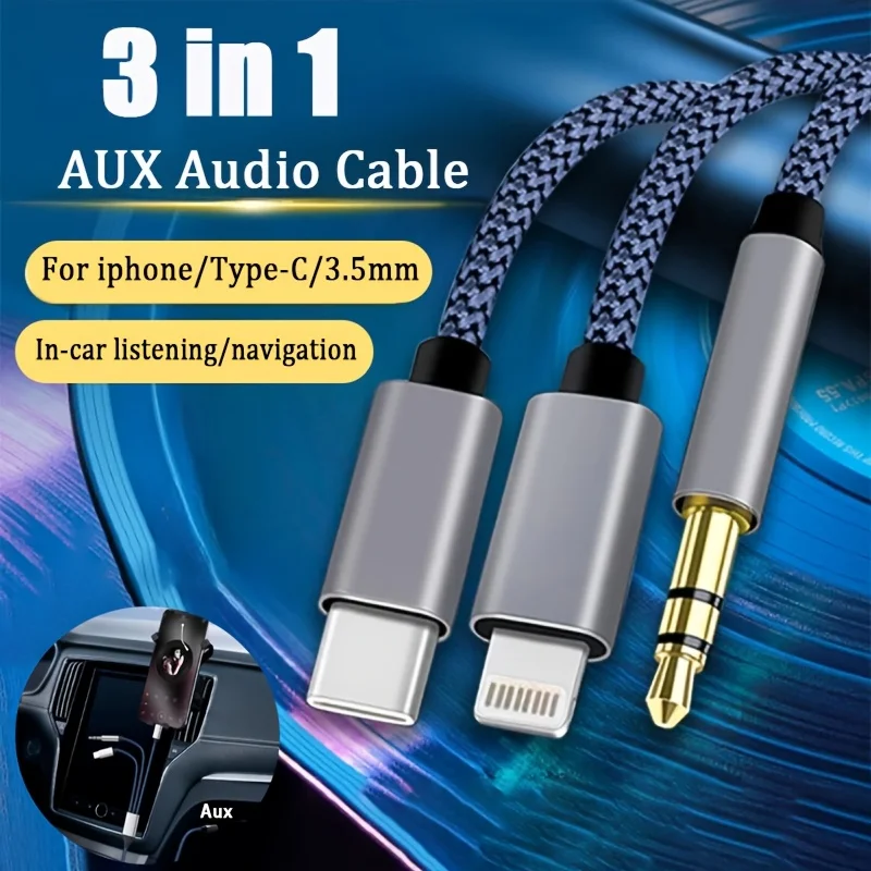 RUXIN 3in1 Car AUX Audio Cable, Type‑C Lightning to 3.5mm Audio Jack Adapter, Nylon Braided Car Cord Support Charging,Navigation