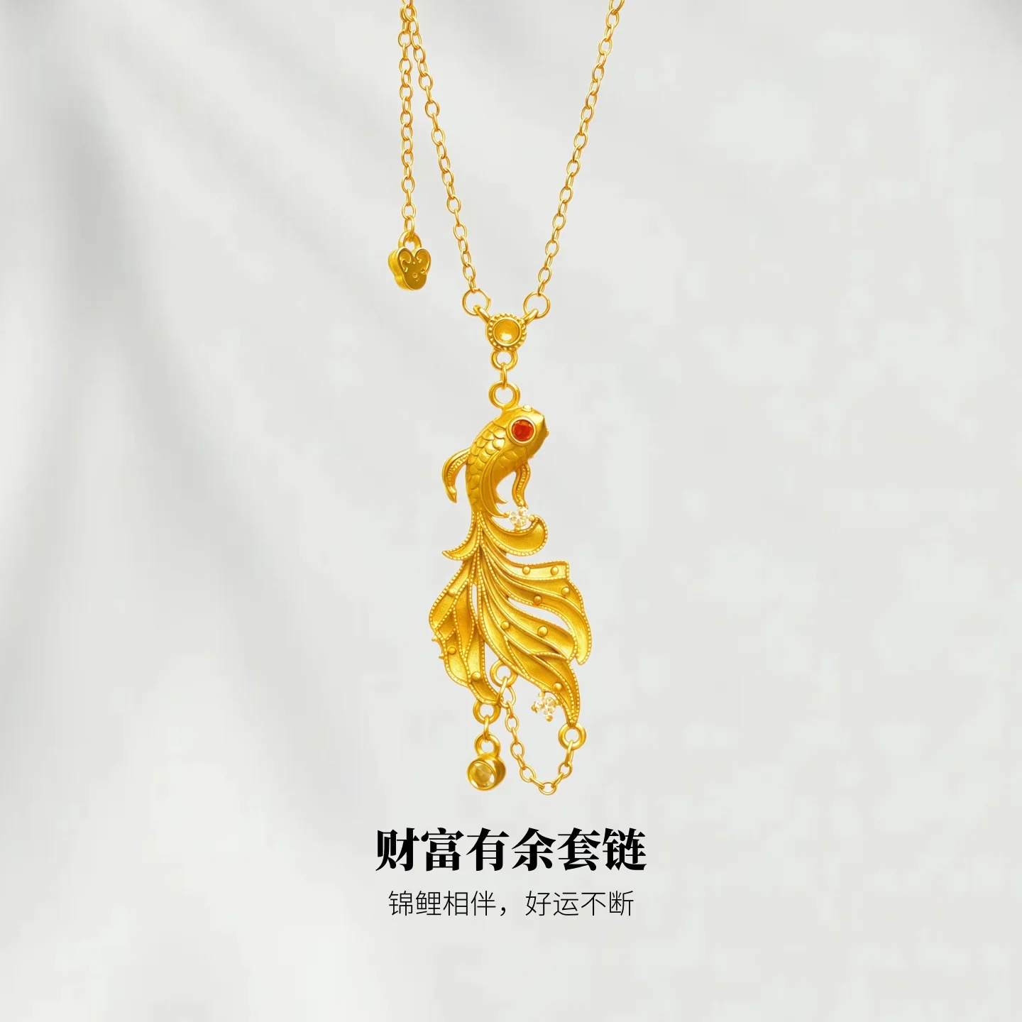 Luxury 24K 9999 Pure Gold real gold Women's Good Luck Koi Necklace Diamond Small Goldfish Necklace