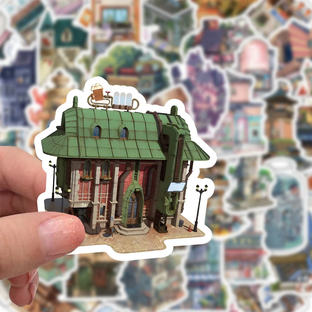 10/30/60pcs Retro Cartoon Store Building Stickers Waterproof DIY Laptop Phone Water Bottle Anime Style Graffiti Decals Toy Gift
