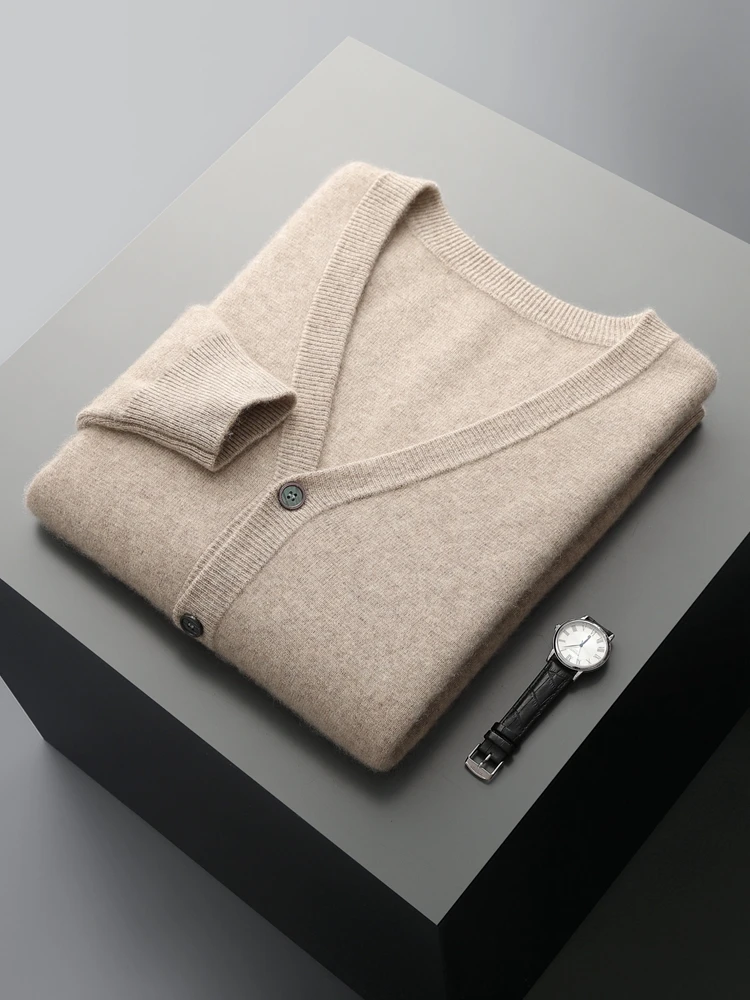 

Men's V-neck Cardigan 100% Merino Wool Smart Casual Solid Sweater Comfortable Autumn Winter Cashmere Knitwear Korean Style Tops