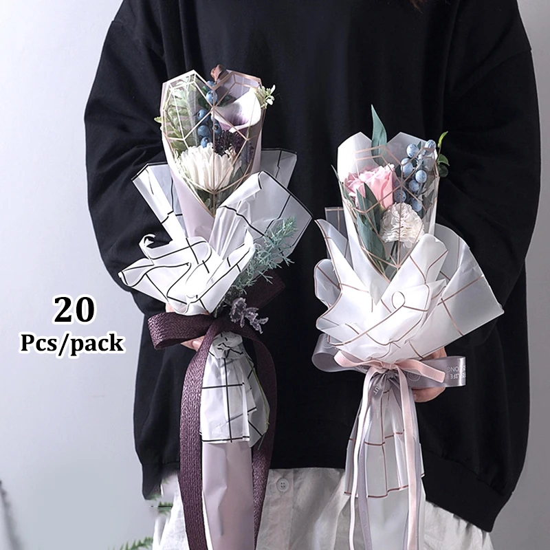 양면 다이아몬드 하트 꽃 포장지 부케 포장 가방, 꽃꽂이 꽃가게 클리어 백, 20 개/팩