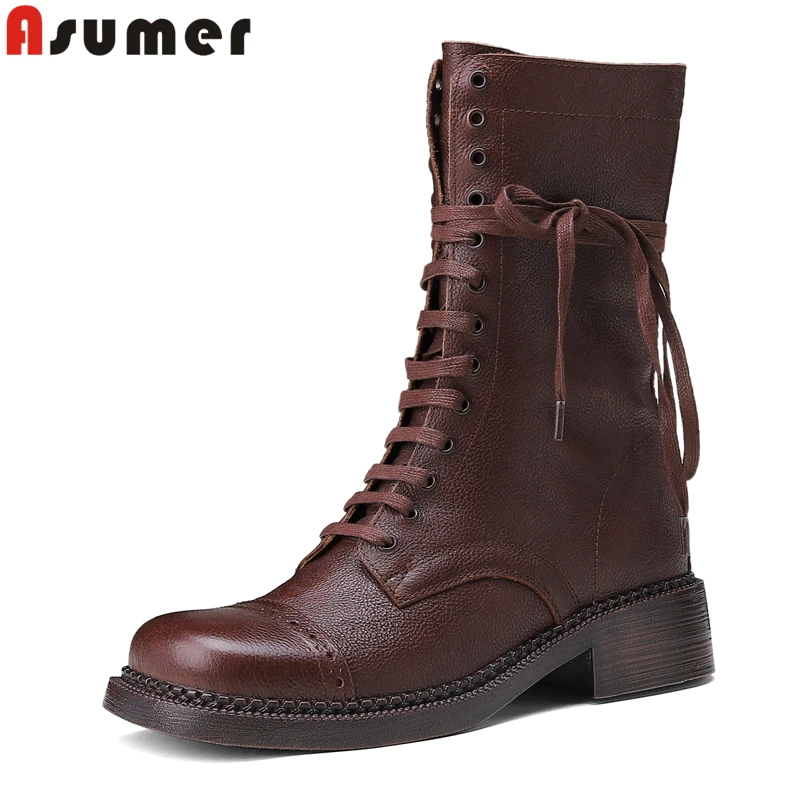 

ASUMER 2024 New Genuine Leather Boots Women Zipper Lace Up Handmade Retro Ankle Boots Black Brown Autumn Winter Motorcycle Boots