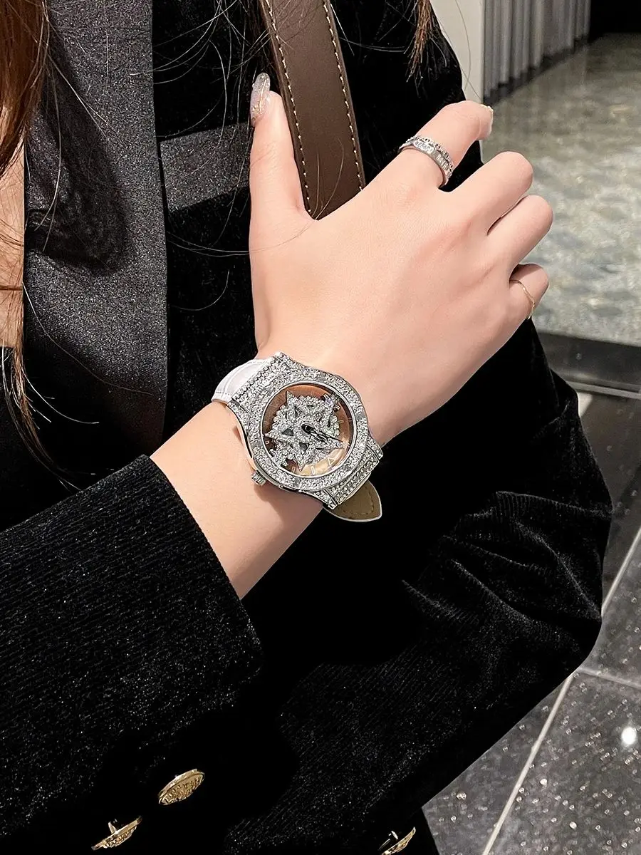 CILOA 2025 latest pentagram women's watch rotating hollow full diamond quartz watch leather strap watch