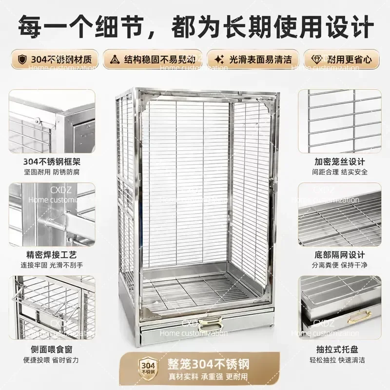 304 Stainless Steel Bird Cage with Transparent Glass Splash Proof Design Medium Large Parrot Breeding Cage for Home Use