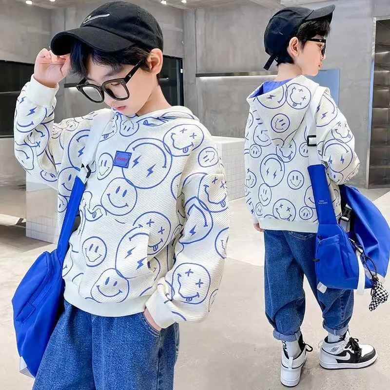 

Boys 2023 New Spring Autumn Fashion Casual Printed Smile Hooded Full Sleeves Korean Hoodies Pullover Cartoon Handsome Tops