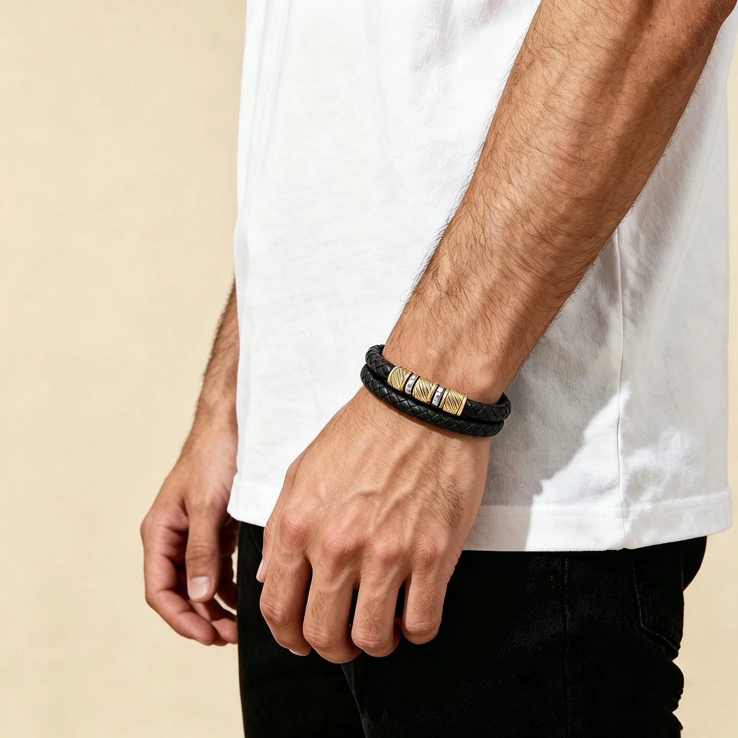 Modisches Herren-Armband aus schwarzem geflochtenem Leder, mehrlagig, stapelbar, mit Edelstahl-Magnetverschluss, Geburtstagsgeschenk – Detail 5