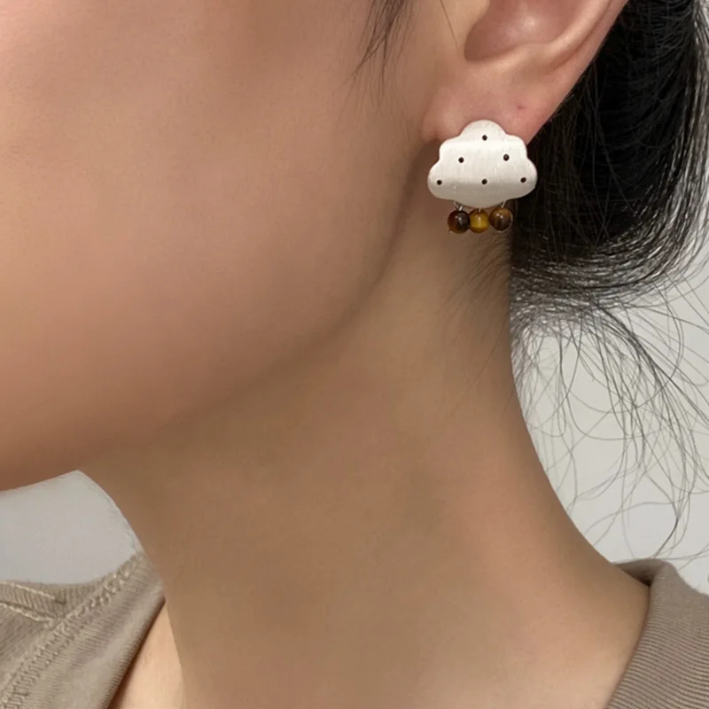 New Cartoon Cloud Drip Earrings Small Stud Earring With Matte Metal Texture Cute Brown Raindrops For Girl Gifts Unique Design