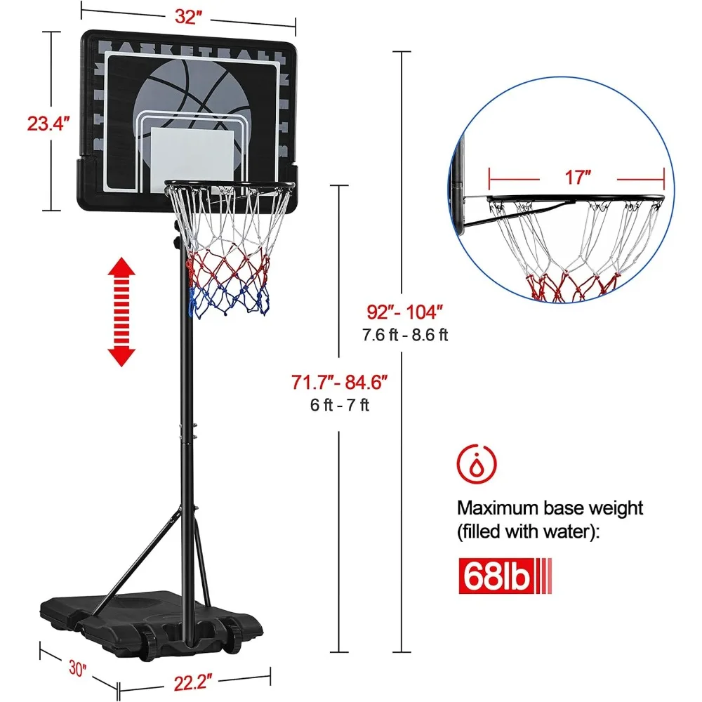 sistema portátil de cesta de basquete ao ar livre com encosto e rodas de pe de 7,6 a 8,6 pés ajustáveis em altura para crianças