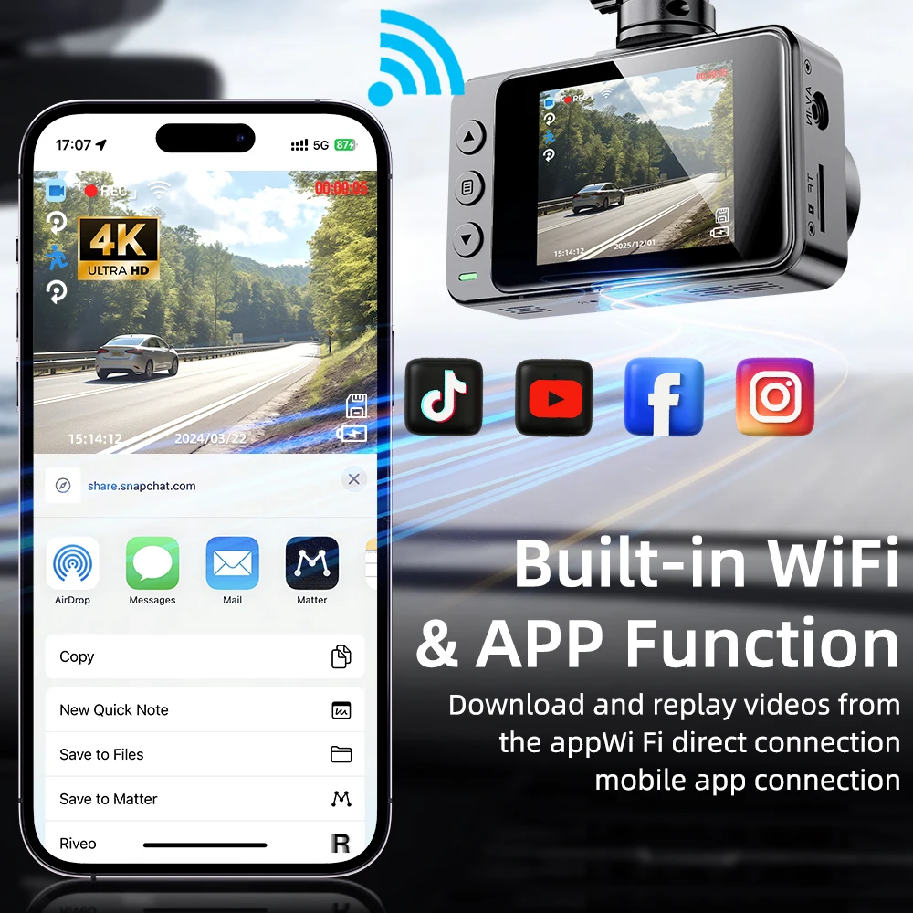 4K 듀얼 대시캠 전방 2160P & 후방 1080P |   WiFi 슈퍼 나이트 비전 주차 모니터 무료 앱 범용 마운트 - 선물