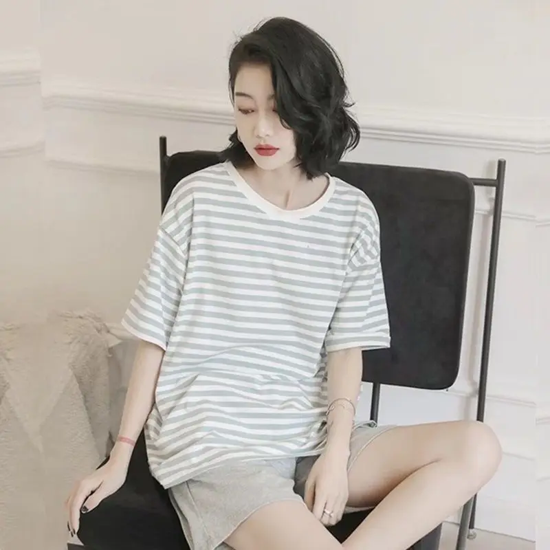 Pajama Sets Women Japan Style Short Sleeve Ins Striped Tops Simple Loose Shorts Students Nightwear 2 Pcs Summer Leisure Clothes