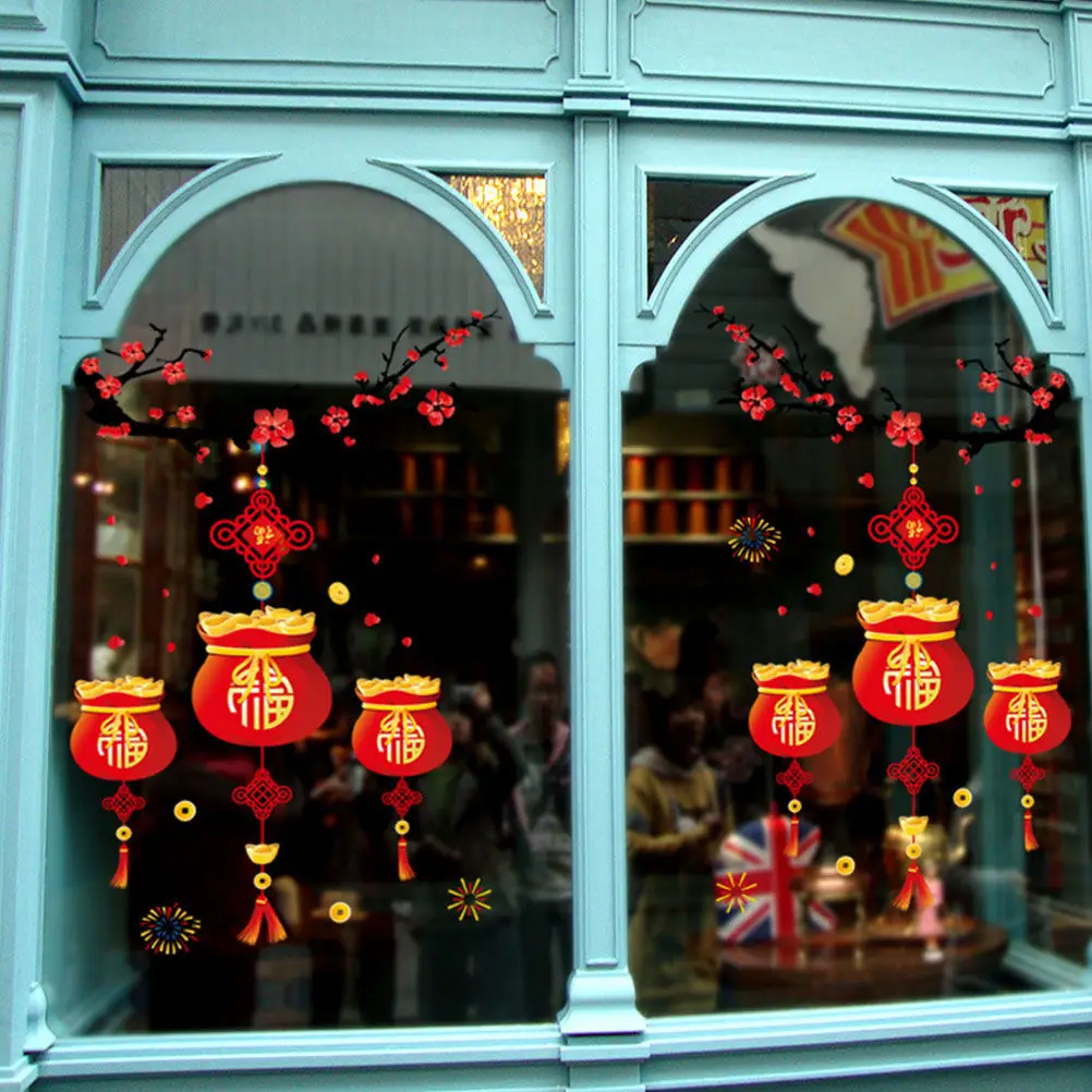 

2Pcs Wall Sticker Chinese New Year Lucky Bag Spring Festival Wintersweet Home Decor Door Decal PVC Material nament