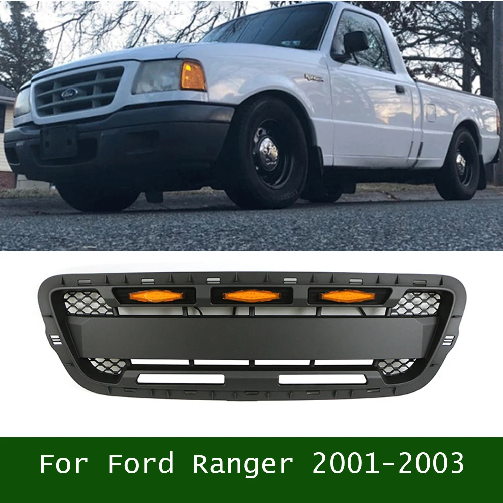 

For Ford Ranger 2001-2003 Car Modified ABS Front Bumper Mask Grille Racing Grill With LED Lights Auto Exterior Parts Black